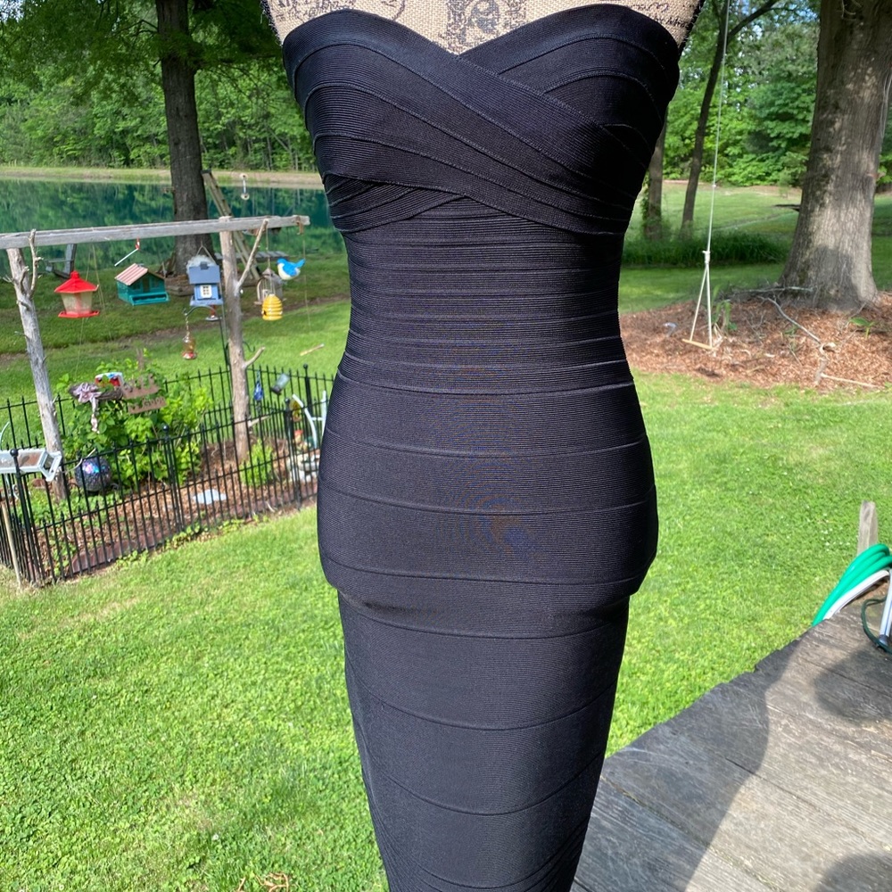 Herve Leger Black Strapless Bodycon Bandage Dress